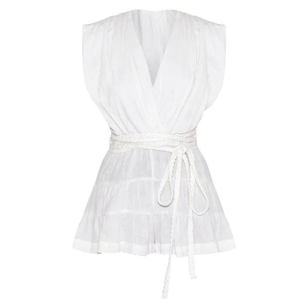 Blanc Combinaison-short Texturée Col V Avec Ceinture À Nouer