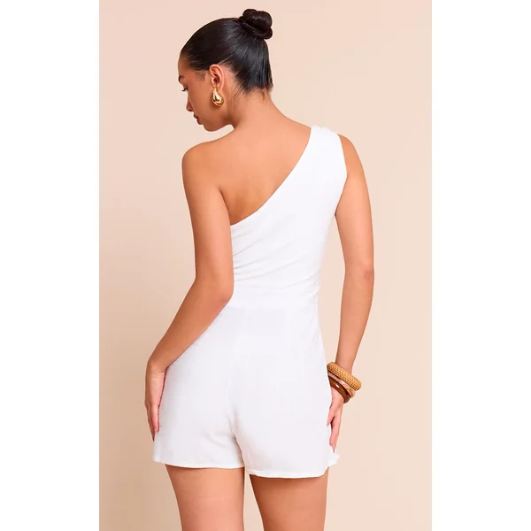 Blanc Combi-short À Une Épaule Aspect Lin Avec Détails De Perles