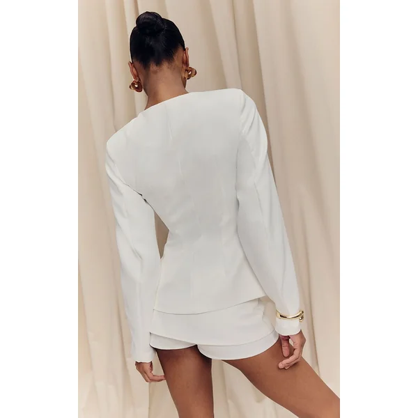 Blanc Ensemble Blazer Cintré À Taille Froncée Et Manches Cocon Avec Boutonnage