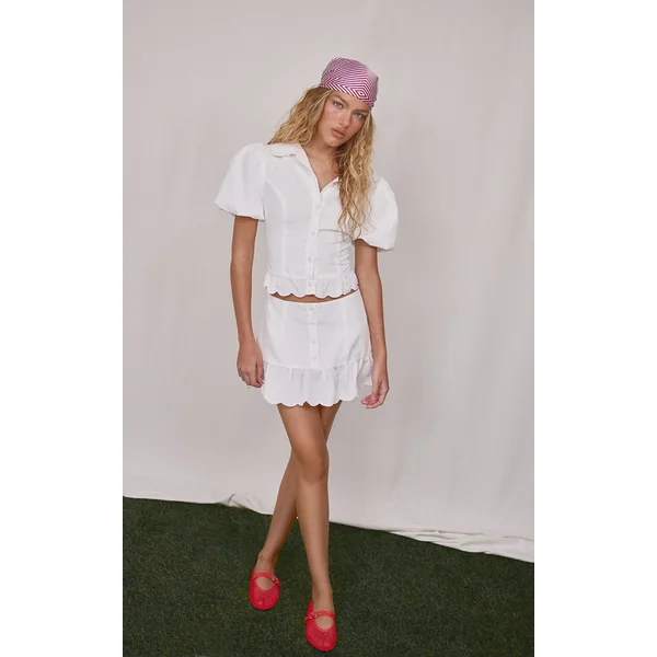Blanc Ensemble Coordonné Chemise En Popeline À Bord À Volants