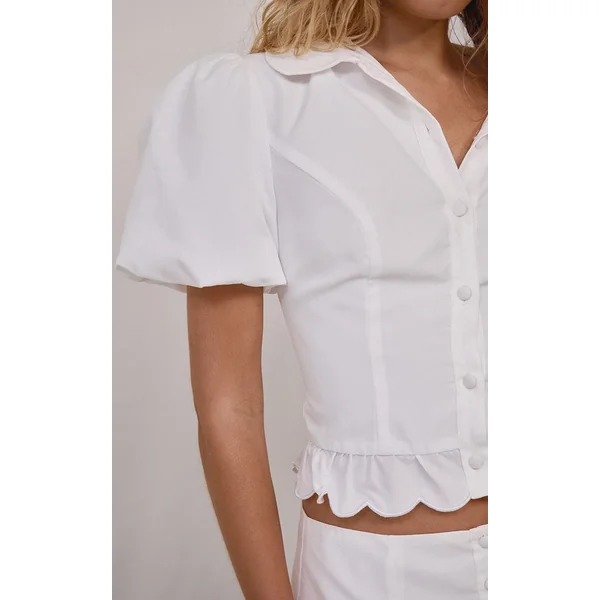Blanc Ensemble Coordonné Chemise En Popeline À Bord À Volants