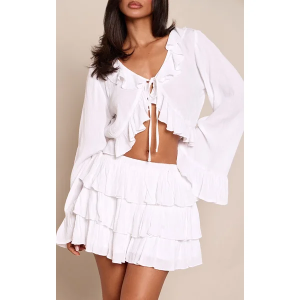 Blanc Ensemble Coordonné Mini-jupe-short À Volants En Cheesecloth Petite
