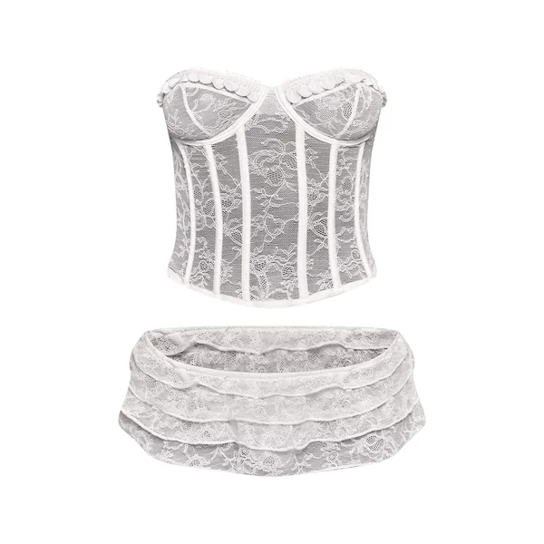 Blanc Ensemble Corset En Dentelle Avec Détails Contrastants Et Culotte À Volants