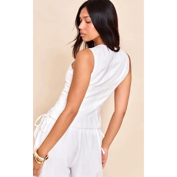 Blanc Gilet Sans Manches Col V En Mélange De Lin Premium