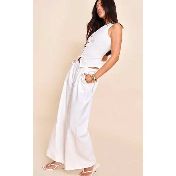 Blanc Gilet Sans Manches Col V En Mélange De Lin Premium