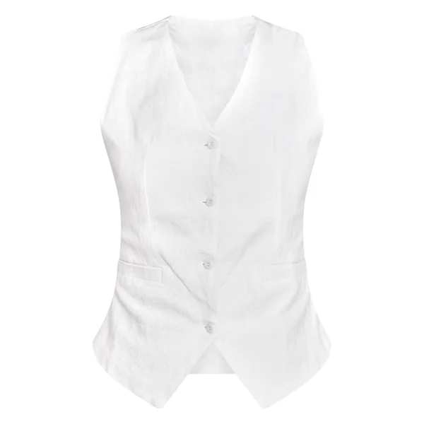 Blanc Gilet Sans Manches Col V En Mélange De Lin Premium