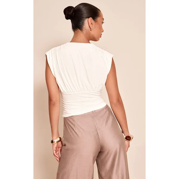 Blanc Haut Long Drapé Plongeant À Double Couche Slinky Doré