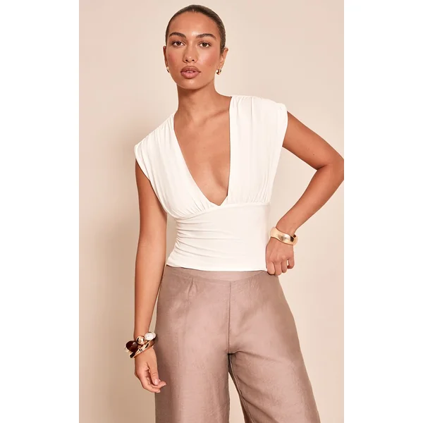 Blanc Haut Long Drapé Plongeant À Double Couche Slinky Doré