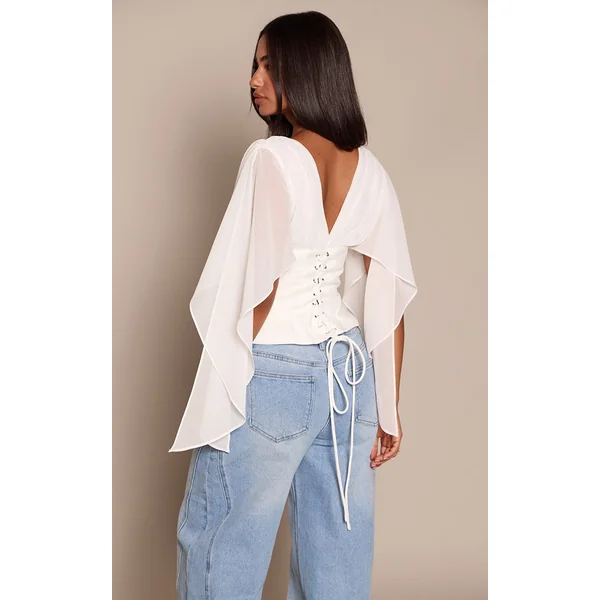 Blanc Haut Petite En Mousseline À Manches Drapées Et Taille Corset