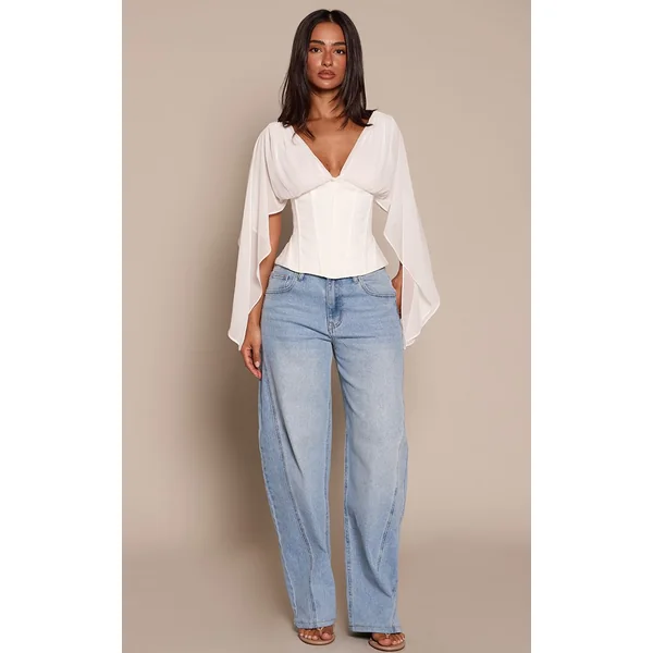 Blanc Haut Petite En Mousseline À Manches Drapées Et Taille Corset