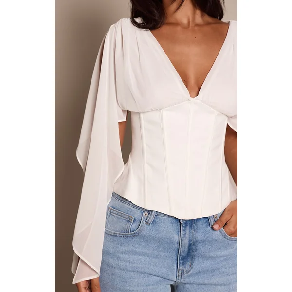 Blanc Haut Petite En Mousseline À Manches Drapées Et Taille Corset