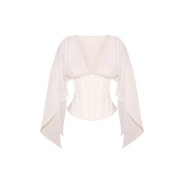 Blanc Haut Petite En Mousseline À Manches Drapées Et Taille Corset