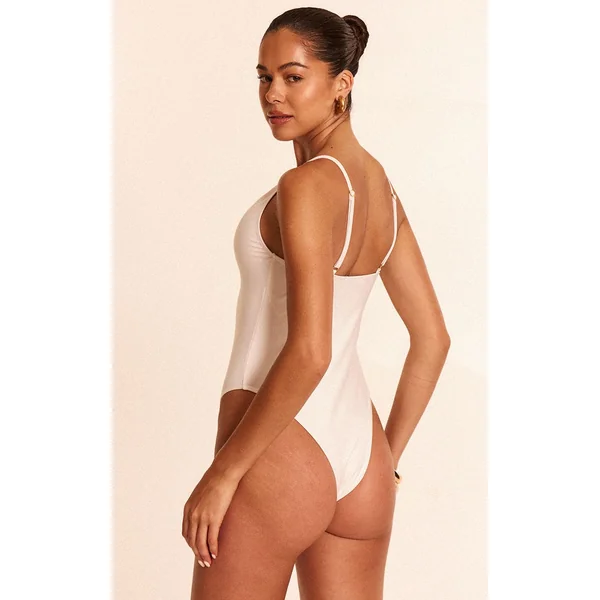 Blanc Maillot De Bain Échancré Avec Nœud Devant