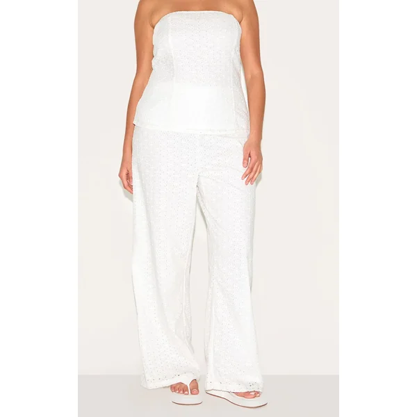 Blanc Pantalon Grande Taille Taille Mi-haute En Lin Brodé Coordonné