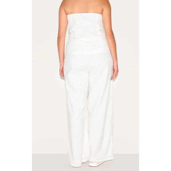 Blanc Pantalon Grande Taille Taille Mi-haute En Lin Brodé Coordonné