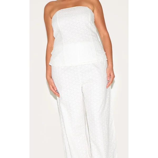 Blanc Pantalon Grande Taille Taille Mi-haute En Lin Brodé Coordonné