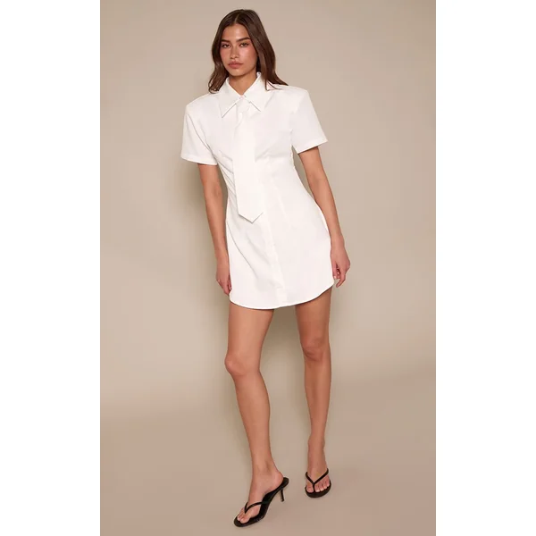 Blanc Robe Chemise À Manches Courtes Avec Détail Nœud