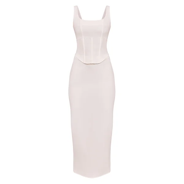 Blanc Robe Longue En Tissu Tissé Avec Détail Corset
