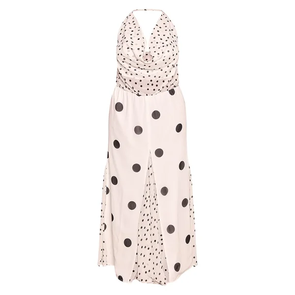 Blanc Robe Longue Satinée Grande Taille À Pois Contrastés Et Encolure Américaine