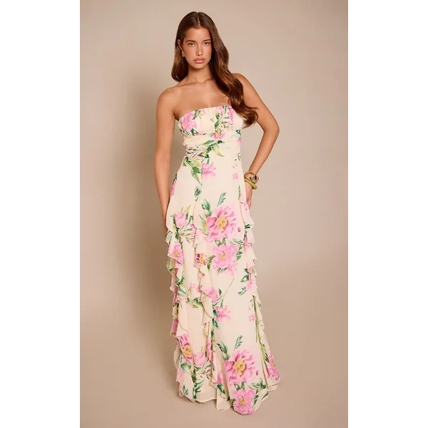 Blanc Robe Maxi Bandeau À Volants Imprimé Fleuri