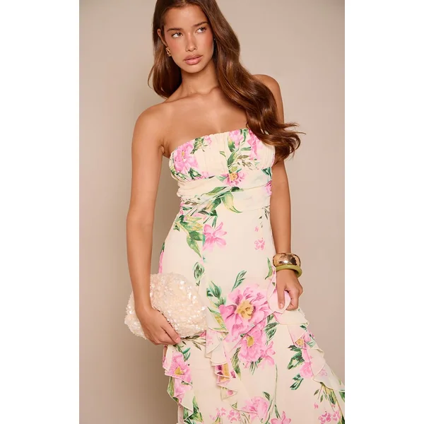 Blanc Robe Maxi Bandeau À Volants Imprimé Fleuri