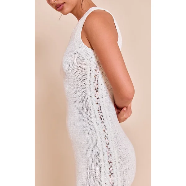 Blanc Robe Maxi En Maille À Col Montant Avec Franges