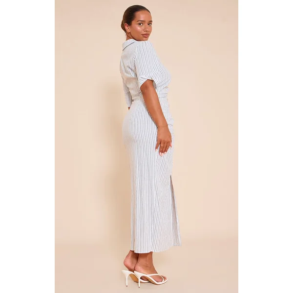 Blanc Robe Maxi Shape À Rayures Avec Fronces Devant Col Et Fente Frontale