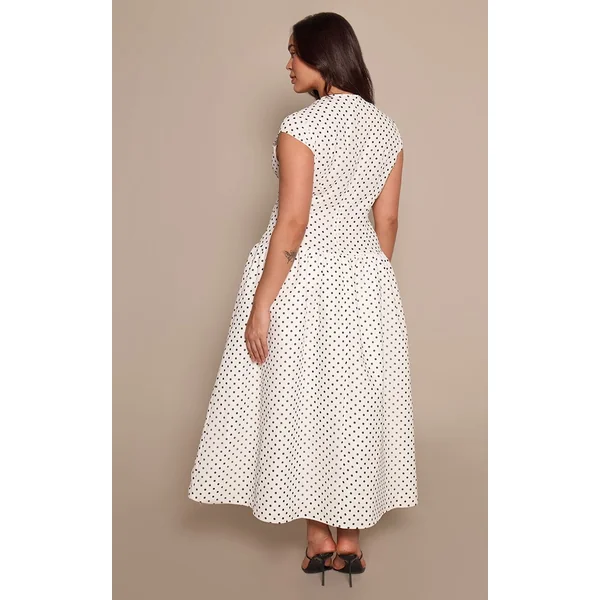 Blanc Robe Midi À Taille Basse À Pois Noirs Grande Taille