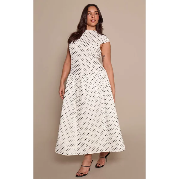 Blanc Robe Midi À Taille Basse À Pois Noirs Grande Taille