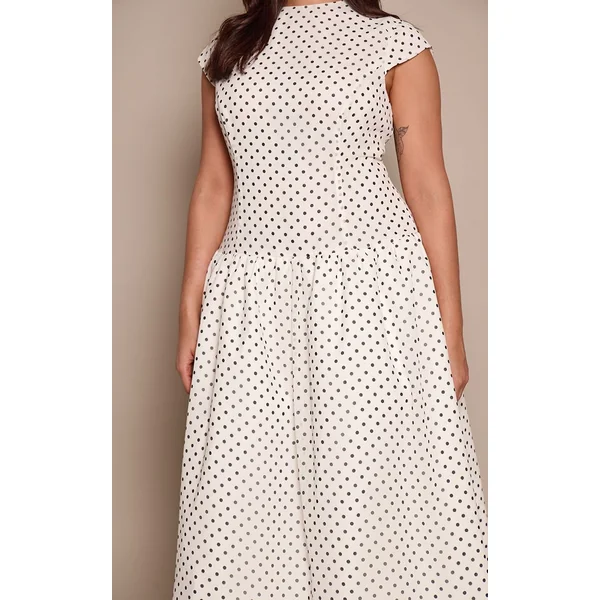 Blanc Robe Midi À Taille Basse À Pois Noirs Grande Taille