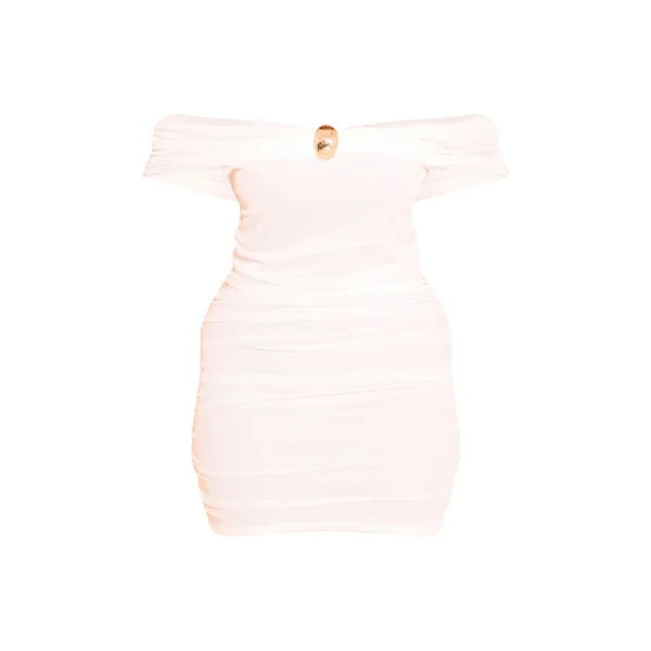 Blanc Robe Moulante Mini Bardot En Mesh Avec Détails Dorés Froncés