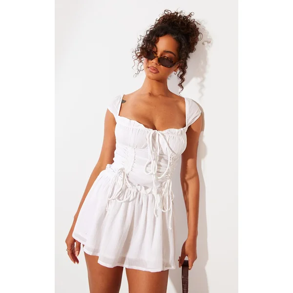 Blanc Robe Moulante Texturée Froncée À Manches Bouffantes