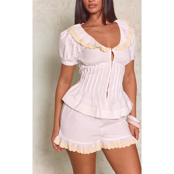 Blanc Short Taille Petite Avec Détails De Finition Et Cordon De Serrage À La Taille Aspect Lin Ensemble Coordonné
