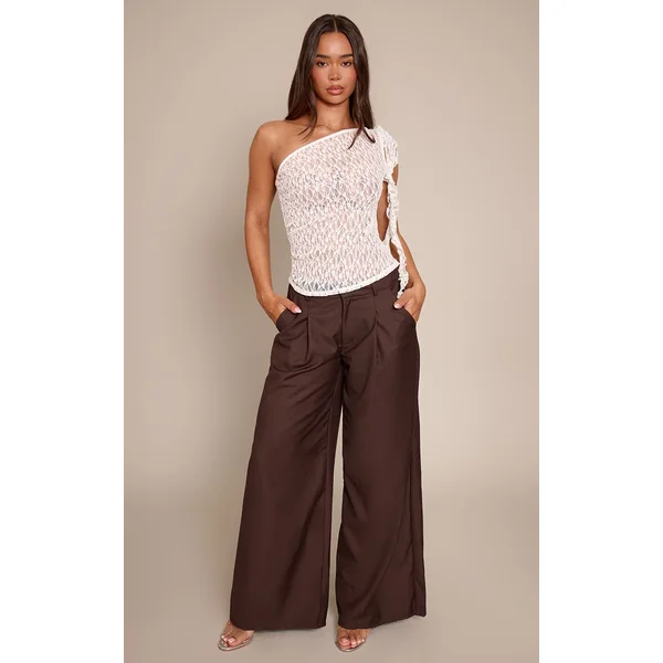 Blanc Top Asymétrique À Détail Drapé À Volants En Dentelle Texturée