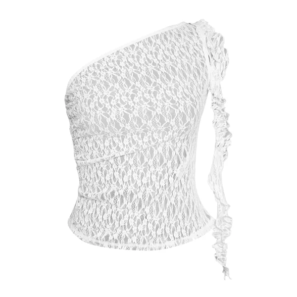 Blanc Top Asymétrique À Détail Drapé À Volants En Dentelle Texturée