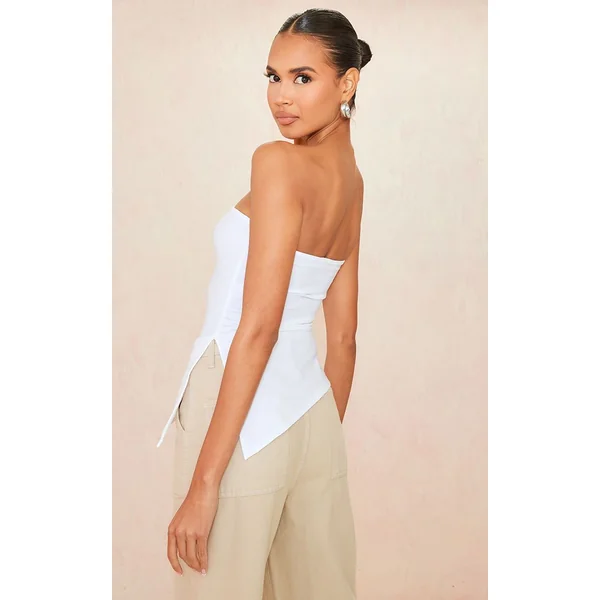Blanc Top Bandeau Asymétrique Slinky Contour À Ourlet Fendu Longue Coupe