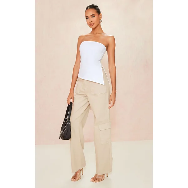 Blanc Top Bandeau Asymétrique Slinky Contour À Ourlet Fendu Longue Coupe