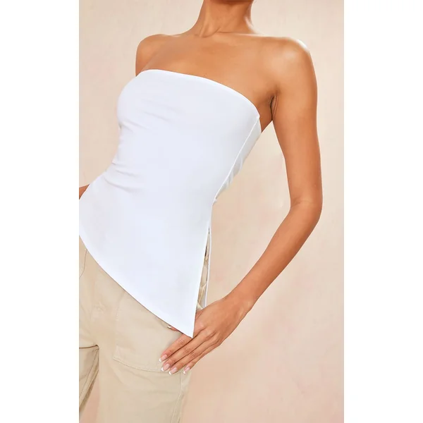 Blanc Top Bandeau Asymétrique Slinky Contour À Ourlet Fendu Longue Coupe