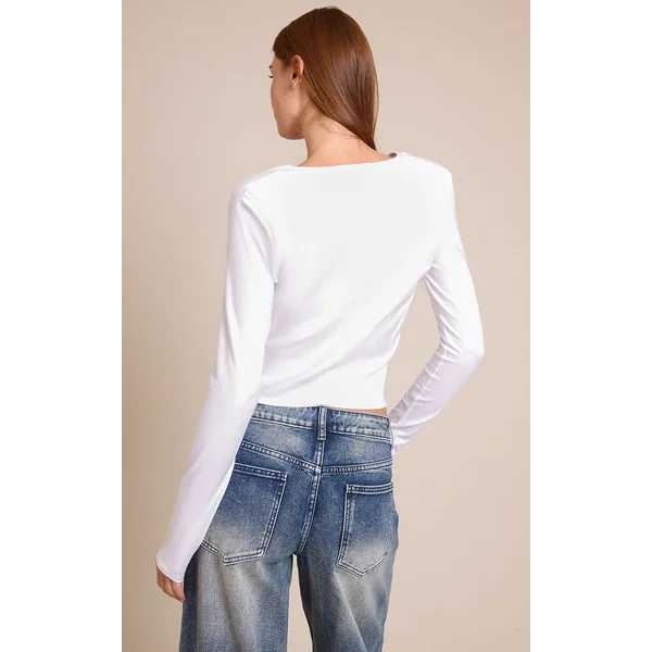 Blanc Top En Coton À Manches Longues Avec Col Bénitier Et Épaulettes