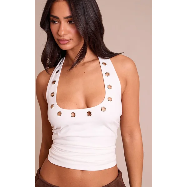Blanc Top Long Petite Col Halter Avec Détails Œillets