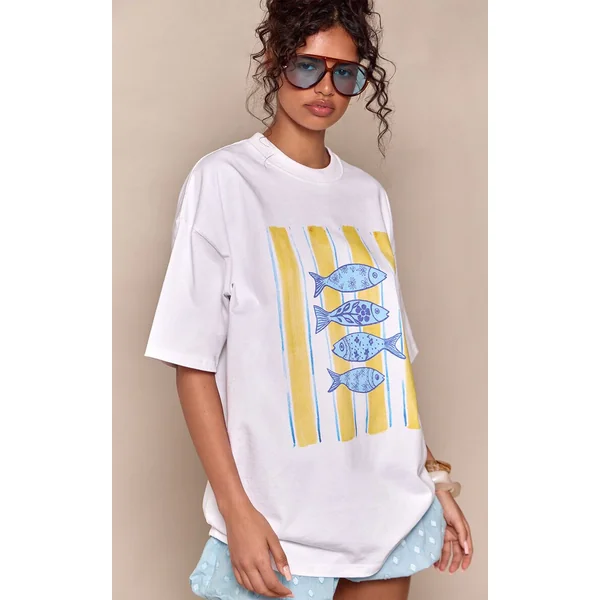 Blanc T-shirt Oversize En Coton Épais Avec Motif Sardines