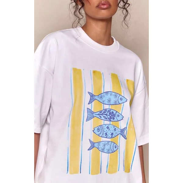 Blanc T-shirt Oversize En Coton Épais Avec Motif Sardines