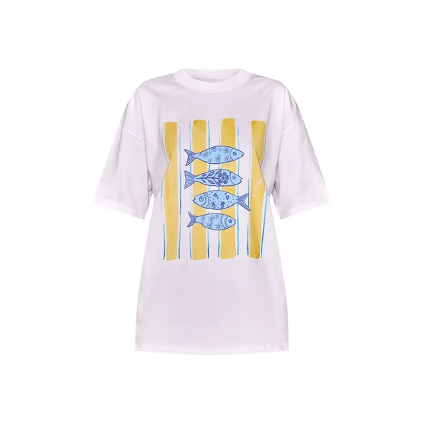 Blanc T-shirt Oversize En Coton Épais Avec Motif Sardines