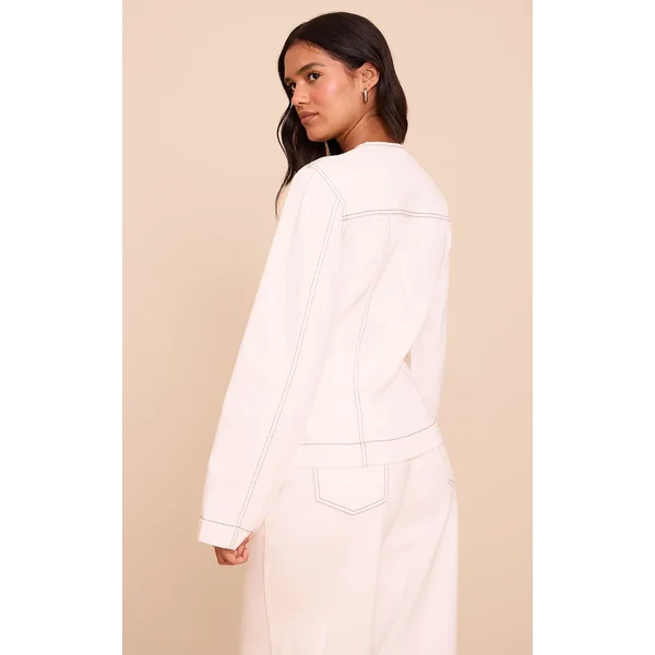 Blanc Veste En Jean Cintrée À Manches Longues Avec Surpiqûres Contrastées