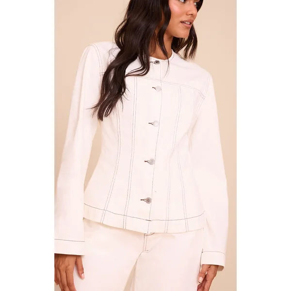 Blanc Veste En Jean Cintrée À Manches Longues Avec Surpiqûres Contrastées