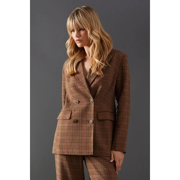 Blazer Premium Surdimensionné à Carreaux Heritage avec Franges