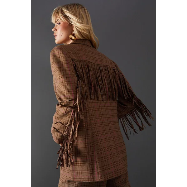 Blazer Premium Surdimensionné à Carreaux Heritage avec Franges