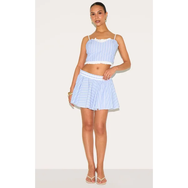 Bleu & Blanc Jupe Patineuse Mini Rayée Petite Taille