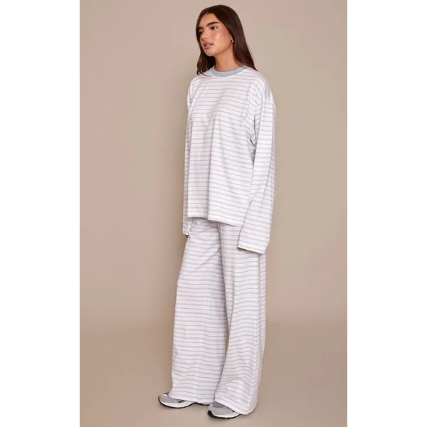Bleu Cendré Pantalon Large À Rayures Avec Cordon De Serrage