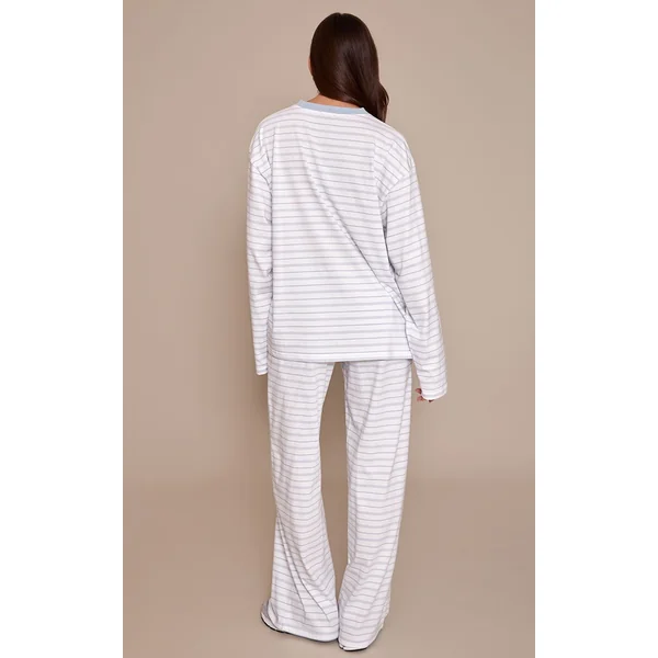 Bleu Cendré Pantalon Large À Rayures Avec Cordon De Serrage